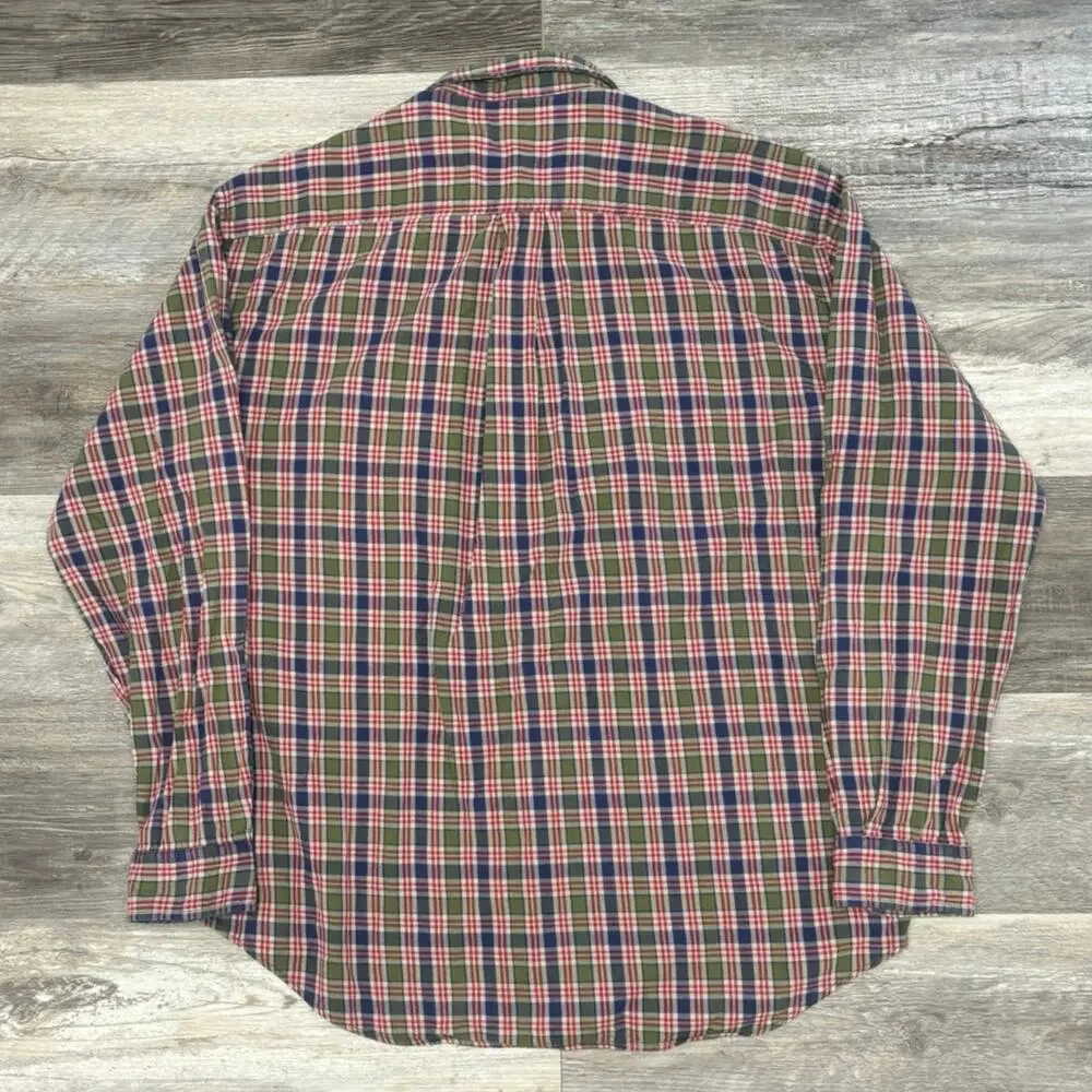 Vintage 90s J Crew Red Mens L Tartan Plaid Button Up Shirt‎ Oarsmen Flannel